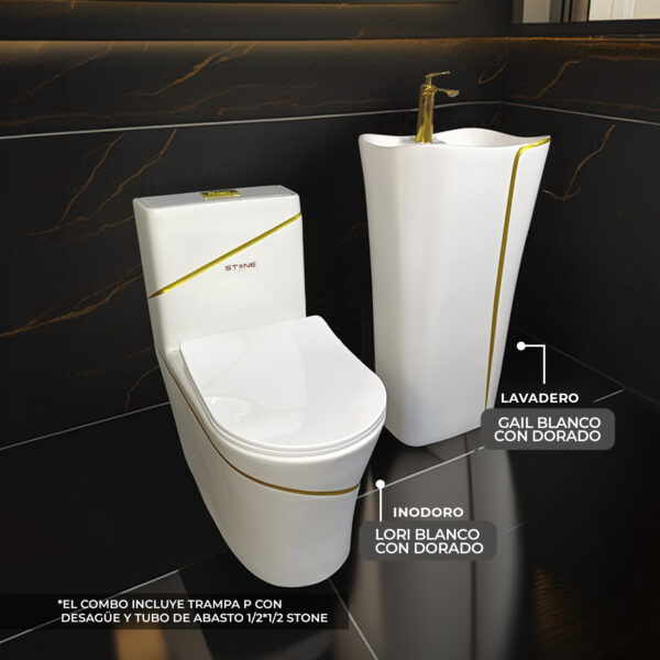 COMBO LORI BLANCO CON DORADO + GAIL BLANCO CON DORADO +  TUBO DE ABASTO 1/2*1/2 STONE + TRAMPA-P CON DESAGUE (Copy)