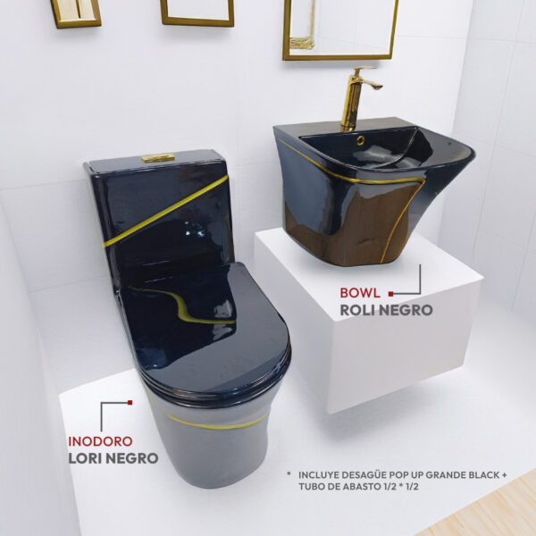 COMBO LORI NEGRO C/ DORADO +  ROLI NEGRO C/ DORADO + DESAGUE POP UP GRANDE BLACK + TUBO DE ABASTO 1/2 * 1/2 STONE