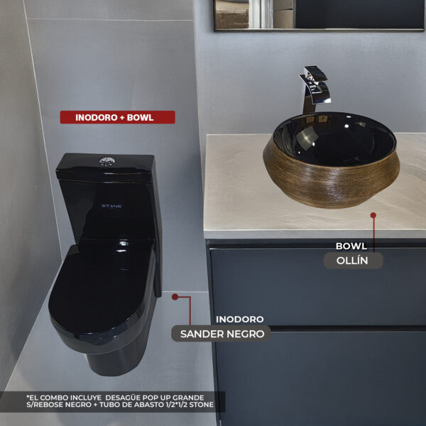 COMBO SANDER NEGRO + BOWL OLLIN + DESAGUE POP UP GRANDE S/REBOSE NEGRO + TUBO DE ABASTO 1/2*1/2 STONE