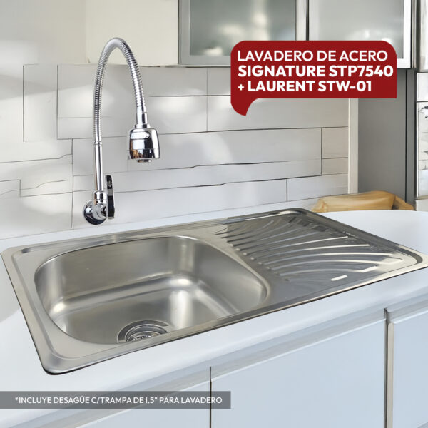 COMBO LAVADERO DE ACERO SIGNATURE STP7540+ LAURENT STW-01 STONE + DESAGUE DE LAVADERO