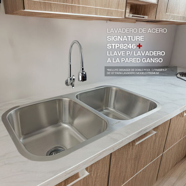 COMBO DE LAVADERO DE ACERO SIGNATURE STP8246+LLAVE P/ LAVADERO A LA PARED GANSO+DESAGUE DE DOBLE POZA C/ TRAMPA P DE 1.5" PARA LAVADERO MODELO PREMIUM