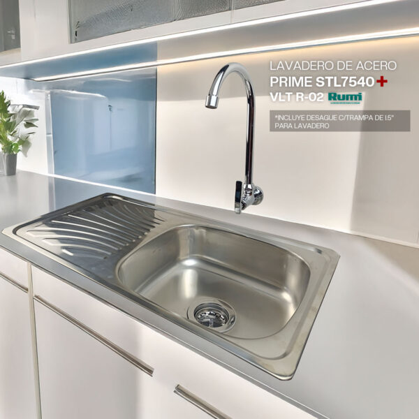 COMBO DE LAVADERO DE ACERO PRIME STL7540 + DESAGUE C/TRAMPA DE I.5" PARA LAVADERO  + VLT R-02 RUMI