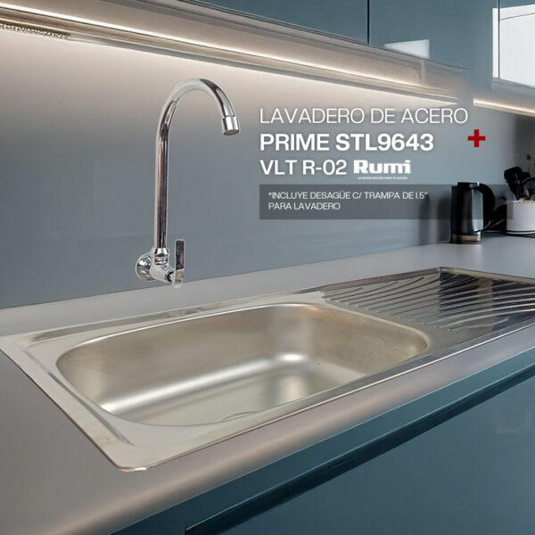 COMBO DE LAVADERO DE ACERO PRIME STL9643 + VLT R-02 RUMI + DESAGUE C/ TRAMPA DE 1.5" PARA LAVADERO