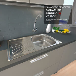 COMBO DE LAVADERO DE ACERO SIGNATURE STP7540 + VELIT 02 - DESAGUE C/ TRAMPA DE 1.5" PARA LAVADERO