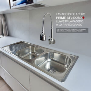 COMBO DE LAVADERO DE ACERO PRIME STL12050+LLAVE P/ LAVADERO A LA PARED GANSO + DESAGUE DE DOBLE POZA C/ TRAMPA P DE 1.5" PARA LAVADERO MODELO PREMIUM