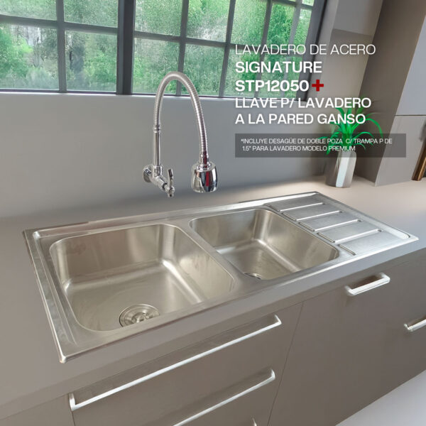 COMBO DE LAVADERO DE ACERO SIGNATURE STP12050+LLAVE P/ LAVADERO A LA PARED GANSO+DESAGUE DE DOBLE POZA C/ TRAMPA P DE 1.5" PARA LAVADERO MODELO PREMIUM