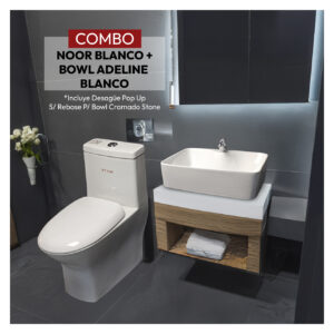 COMBO DE  INODORO ONE PIECE MINIMALISTA NOOR BLANCO+ BOWL MINIMALISTA  ADELINE BLANCO + DESAGUE POP UP GRANDE S/REBOSE P/BOWL COLA CROMADO 18 CM