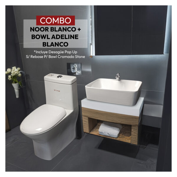 COMBO DE  INODORO ONE PIECE MINIMALISTA NOOR BLANCO+ BOWL MINIMALISTA  ADELINE BLANCO + DESAGUE POP UP GRANDE S/REBOSE P/BOWL COLA CROMADO 18 CM