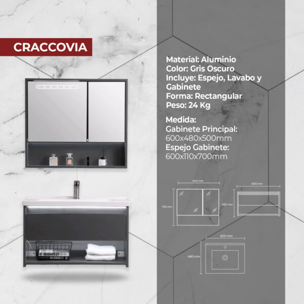 VANITORIO MINIMALISTA CRACCOVIA 600X465X500 PLOMO STONE - Imagen 2