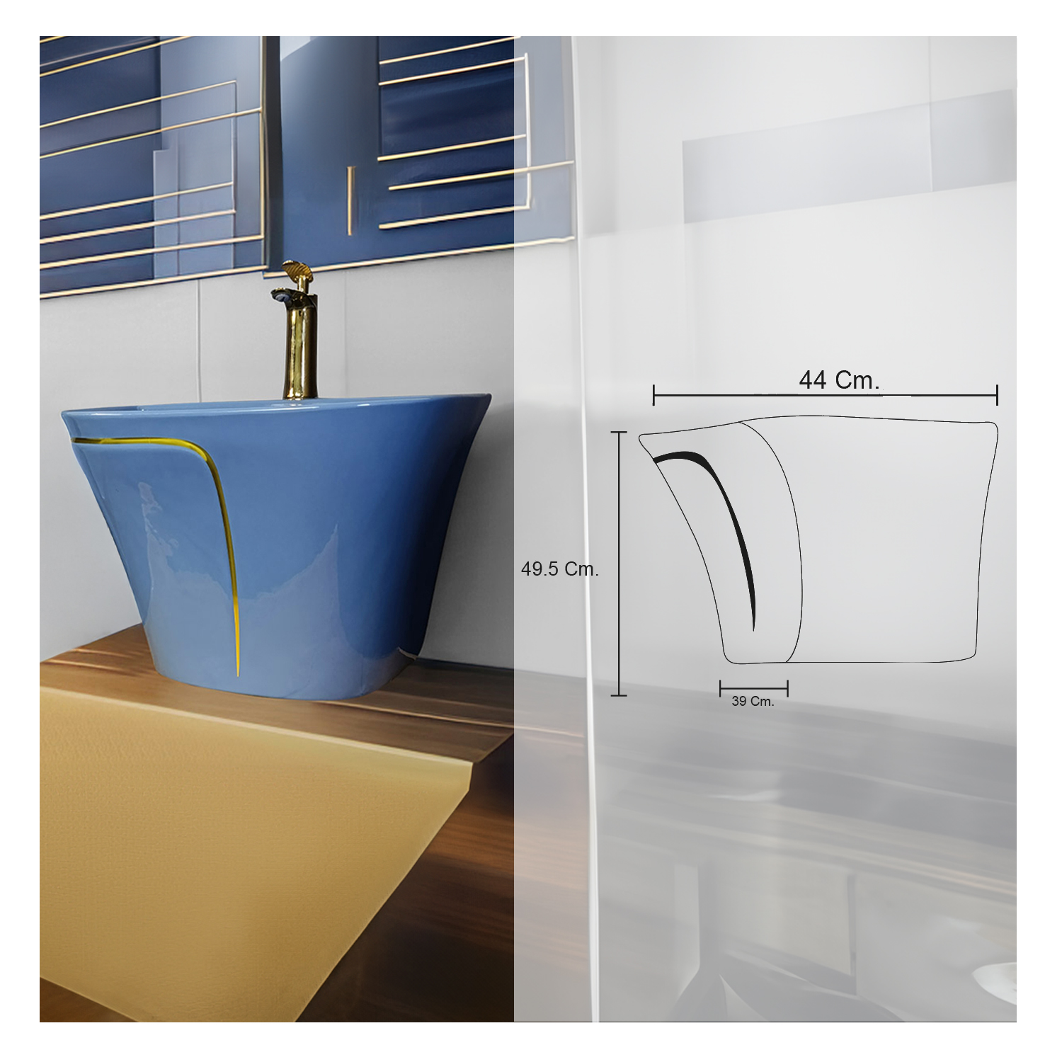 LAVAMANOS SEMI-STANDING ROLI AZUL ACERO C/ DORADO STONE - Imagen 3