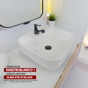 COMBO BOWL KRISTIN BLANCO + LLAVE P/LAVATORIO ALINA STB-01 BLACK STONE + DESAGUE POP UP GRANDE NEGRO S/REBOSE P/BOWL  CUERPO 8 CM COLA 18 CM STONE