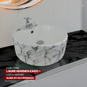 COMBO BOWL LAURE MARMOLEADO + LLAVE P/ LAVATORIO ALINA ST-04 CROMADO STONE + DESAGUE POP UP GRANDE C/TRAMPA CORRUGADA  PVC BLANCO STONE