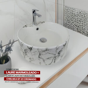 COMBO BOWL LAURE MARMOLEADO + LLAVE P/LAVATORIO MINIMALISTA CHELSEA ST-01 CROMADO STONE + DESAGUE POP UP GRANDE C/TRAMPA CORRUGADA  PVC BLANCO STONE