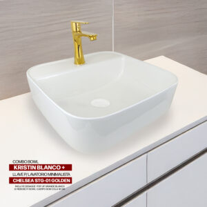 COMBO BOWL KRISTIN BLANCO + LLAVE P/LAVATORIO MINIMALISTA CHELSEA STG-01 GOLDEN STONE + DESAGUE POP UP GRANDE BLANCO S/REBOSE P/BOWL CUERPO 8CM COLA 18 CM STONE
