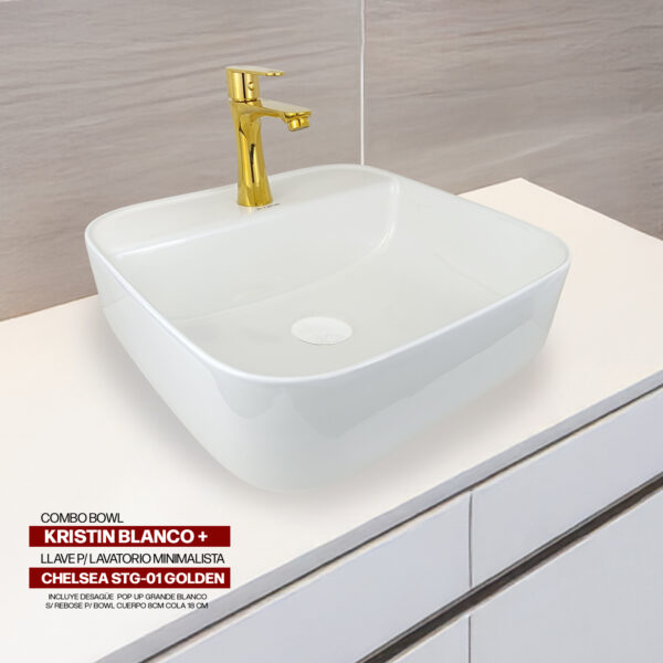 COMBO BOWL KRISTIN BLANCO + LLAVE P/LAVATORIO MINIMALISTA CHELSEA STG-01 GOLDEN STONE + DESAGUE POP UP GRANDE BLANCO S/REBOSE P/BOWL CUERPO 8CM COLA 18 CM STONE