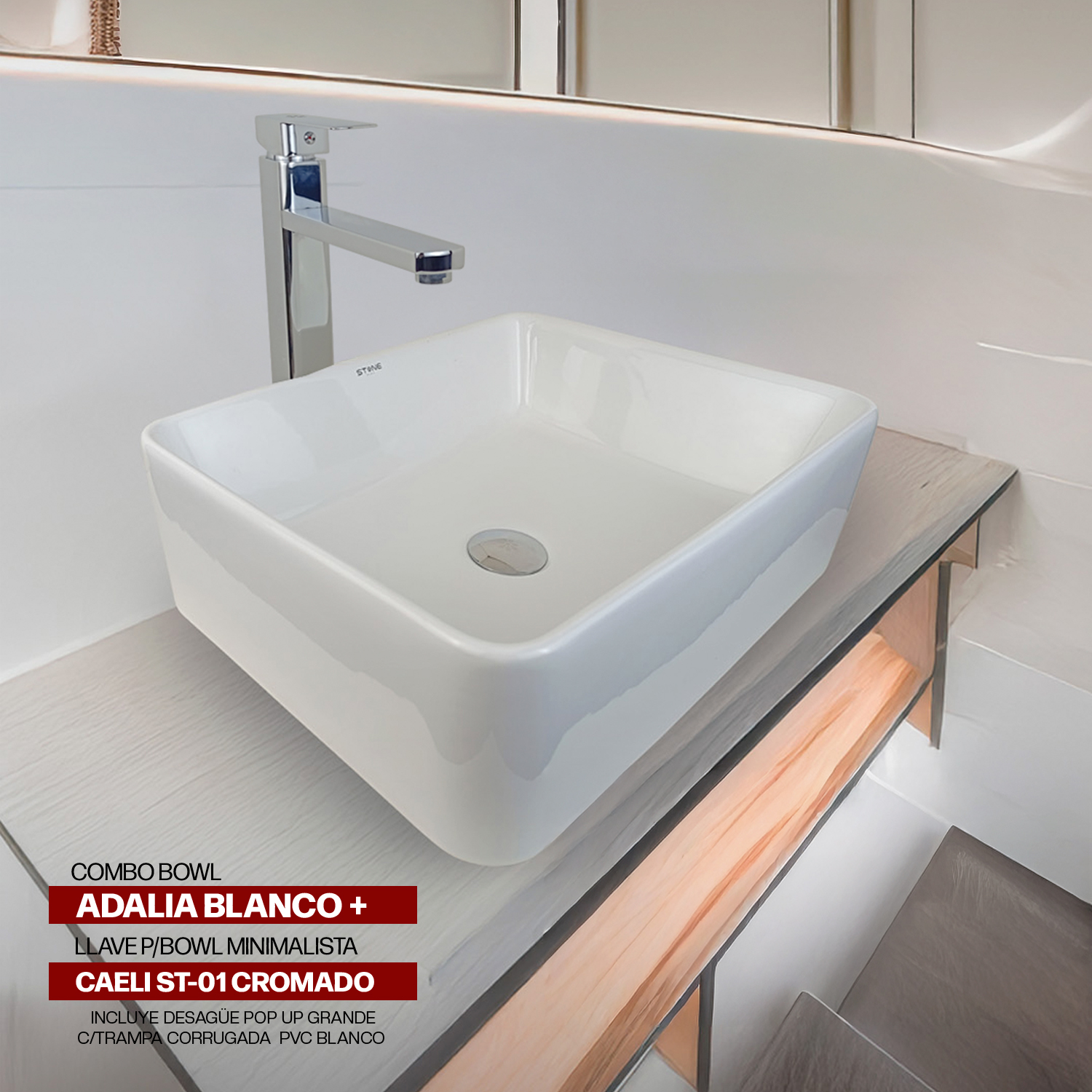 COMBO BOWL ADALIA BLANCO + LLAVE P/BOWL CAELI ST-01 CROMADO + DESAGUE POP UP GRANDE CROMADO S/REBOSE P/BOWL CUERPO 10CM COLA 18 CM STONE