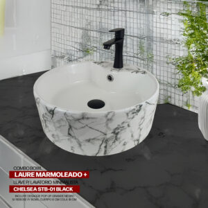 COMBO BOWL LAURE MARMOLEADO + LLAVE P/LAVATORIO MINIMALISTA CHELSEA STB-01 BLACK STONE + DESAGUE POP UP GRANDE NEGRO S/REBOSE P/BOWL  CUERPO 8 CM COLA 18 CM STONE