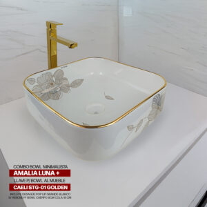 COMBO BOWL MINIMALISTA  AMALIA LUNA + LLAVE P/BOWL  AL MUEBLE CAELI STG-01 GOLDEN  + DESAGUE POP UP GRANDE BLANCO S/REBOSE P/BOWL CUERPO 8CM COLA 18 CM STONE