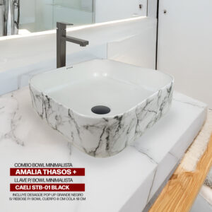 COMBO BOWL MINIMALISTA AMALIA THASOS + LLAVE P/BOWL MINIMALISTA CAELI STB-01 BLACK STONE + DESAGUE POP UP GRANDE NEGRO S/REBOSE P/BOWL  CUERPO 8 CM COLA 18 CM STONE