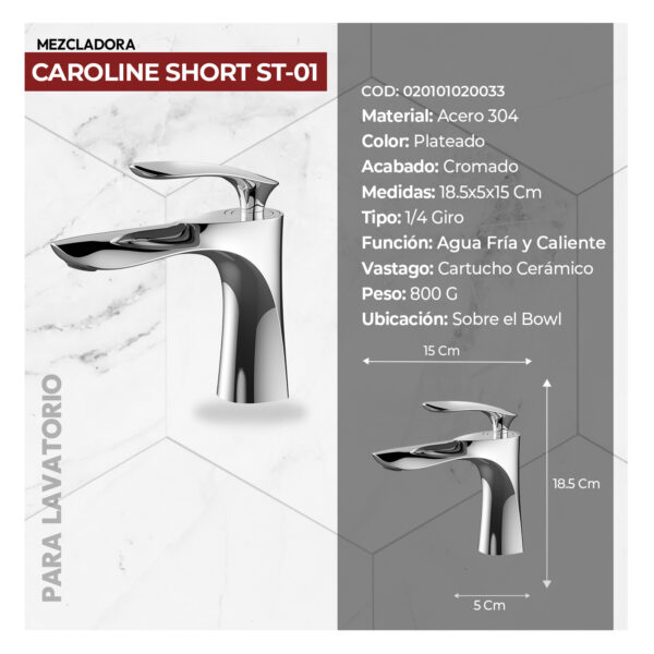 MEZCLADORA MONOCOMANDO P/LAVATORIO AL MUEBLE CAROLINE SHORT ST-01 CROMADO STONE - Imagen 3