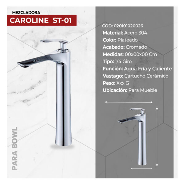 MEZCLADORA MONOCOMANDO P/BOWL  AL MUEBLE CAROLINE ST-01 CROMADO STONE - Imagen 3