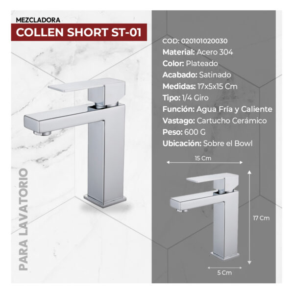 MEZCLADORA MONOCOMANDO P/BOWL AL MUEBLE COLLEN SHORT ST-01 CROMADO STONE - Imagen 3