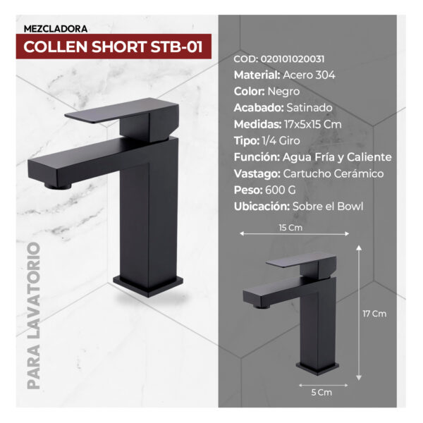 MEZCLADORA MONOCOMANDO P/BOWL  AL MUEBLE COLLEN SHORT STB-01 BLACK STONE - Imagen 3
