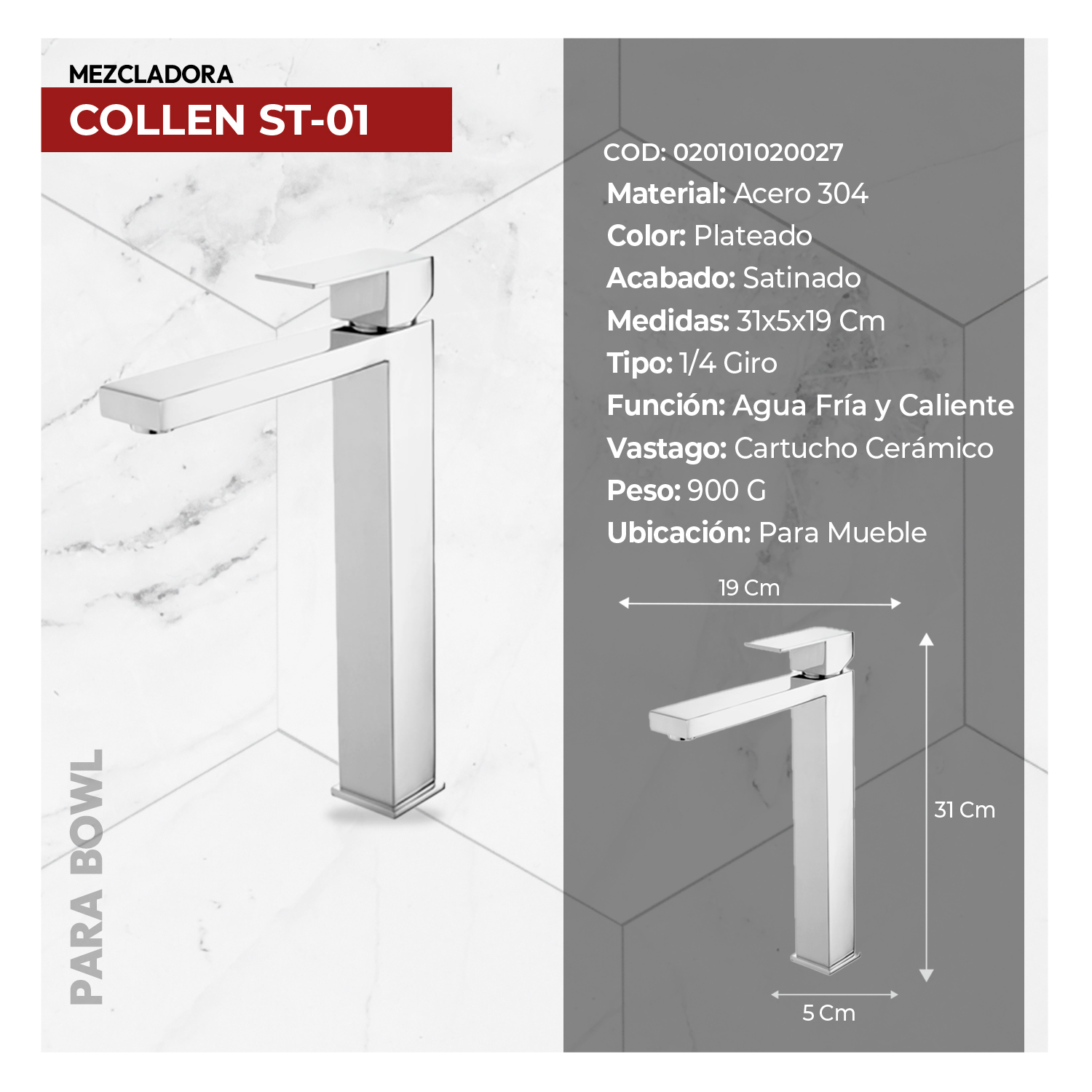 MEZCLADORA MONOCOMANDO P/BOWL AL MUEBLE COLLEN ST-01 CROMADO STONE - Imagen 3