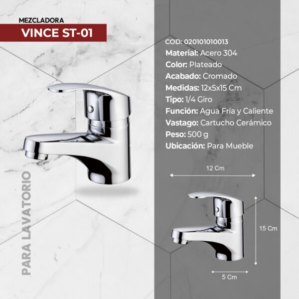 MEZCLADORA MONOCOMANDO P/LAVATORIO VINCE ST CROMADO STONE - Imagen 2