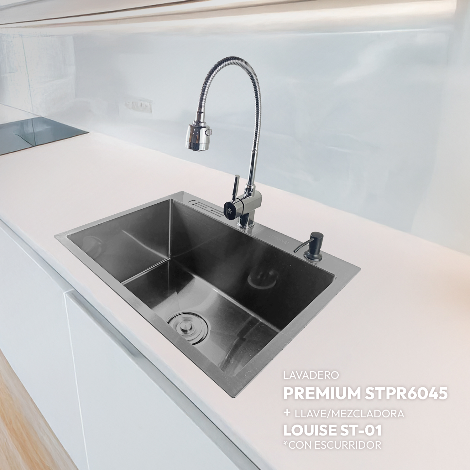 COMBO DE LAVADERO DE ACERO PREMIUM STPR6045 + LLAVE / MEZCLADORA LOUISE ST-01 CON ESCURRIDOR(EXONERADO)