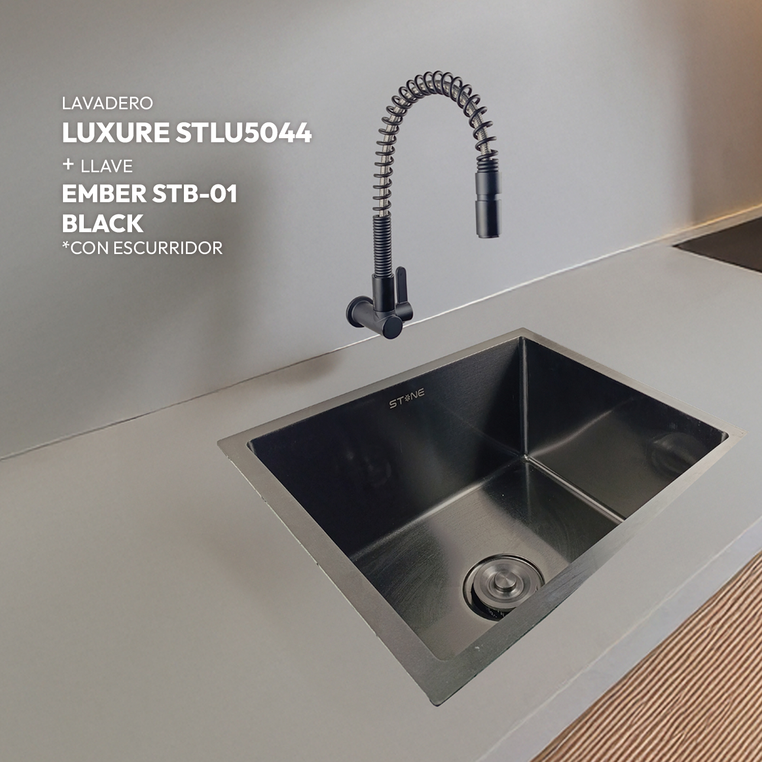 COMBO LAVADERO LUXURE STLU5044 + LLAVE EMBER STB-01 BLACK CON ESCURRIDOR(EXONERADO)