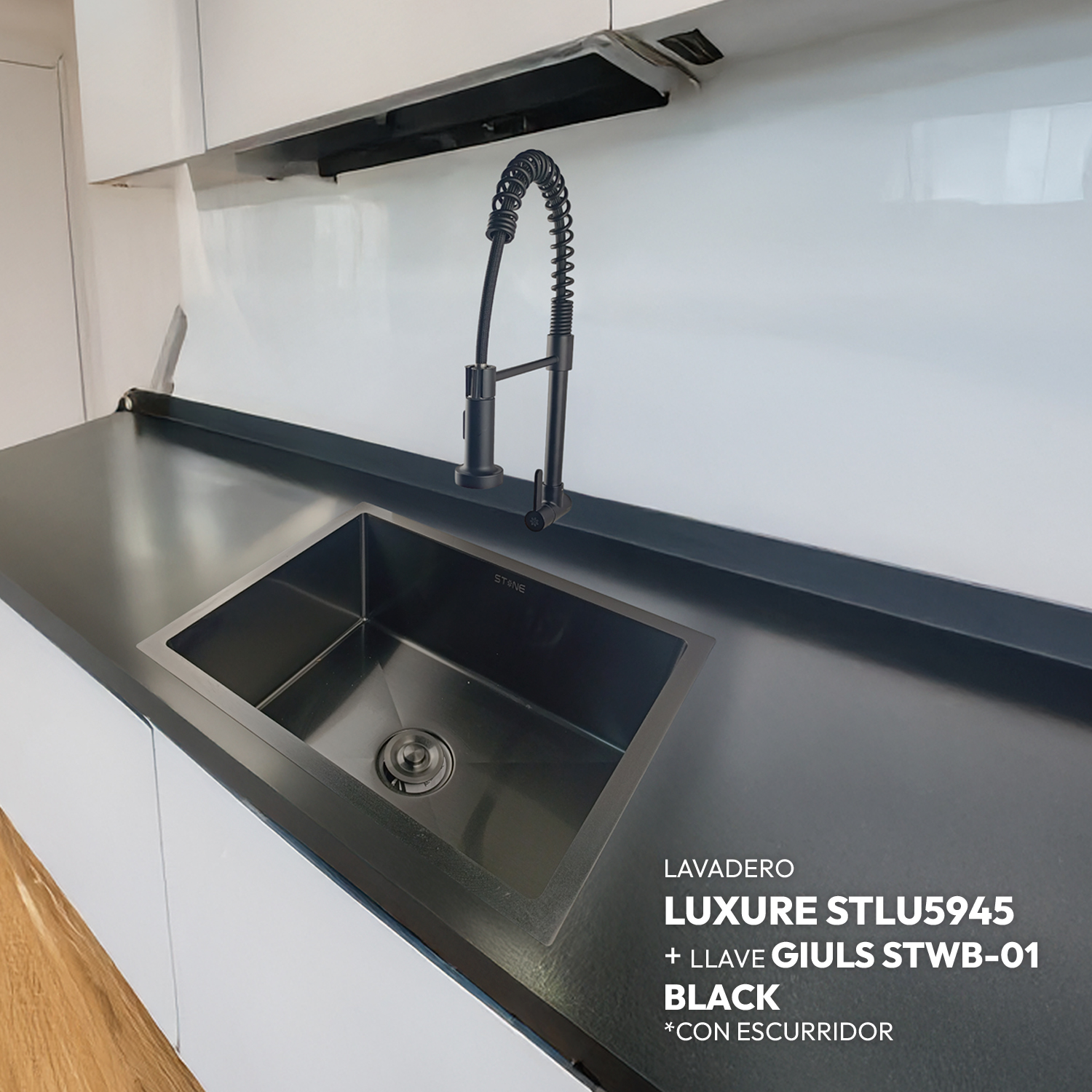 COMBO LAVADERO LUXURE STLU5945+ LLAVE GIULS STWB-01 BLACK CON ESCURRIDOR(EXONERADO)