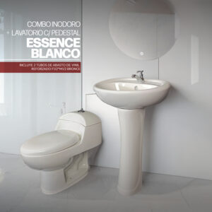 COMBO ESSENCE BLANCO + LAVATORIO C/ PEDESTAL ESSENCE BLANCO STONE *INCLUYE 2 TUBOS DE ABASTO DE VINIL REFORZADO F1/2*M1/2 BRONCE STONE*