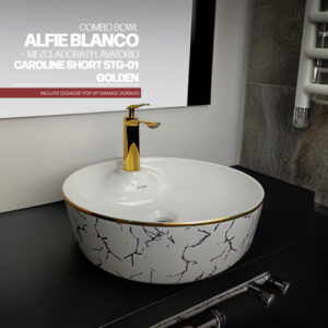 COMBO BOWL ALFIE BLANCO + MEZCLADORA P/ LAVATORIO CAROLINE SHORT STG-01 GOLDEN  + DESAGUE POP UP GRANDE DORADO S/REBOSE P/BOWL  CUERPO 10CM COLA 18 CM