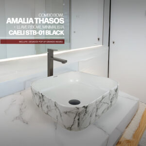 COMBO BOWL AMALIA THASOS + LLAVE P/BOWL MINIMALISTA CAELI STB-01 BLACK STONE +  DESAGUE POP UP GRANDE NEGRO S/REBOSE P/BOWL  CUERPO 10CM COLA 18 CM
