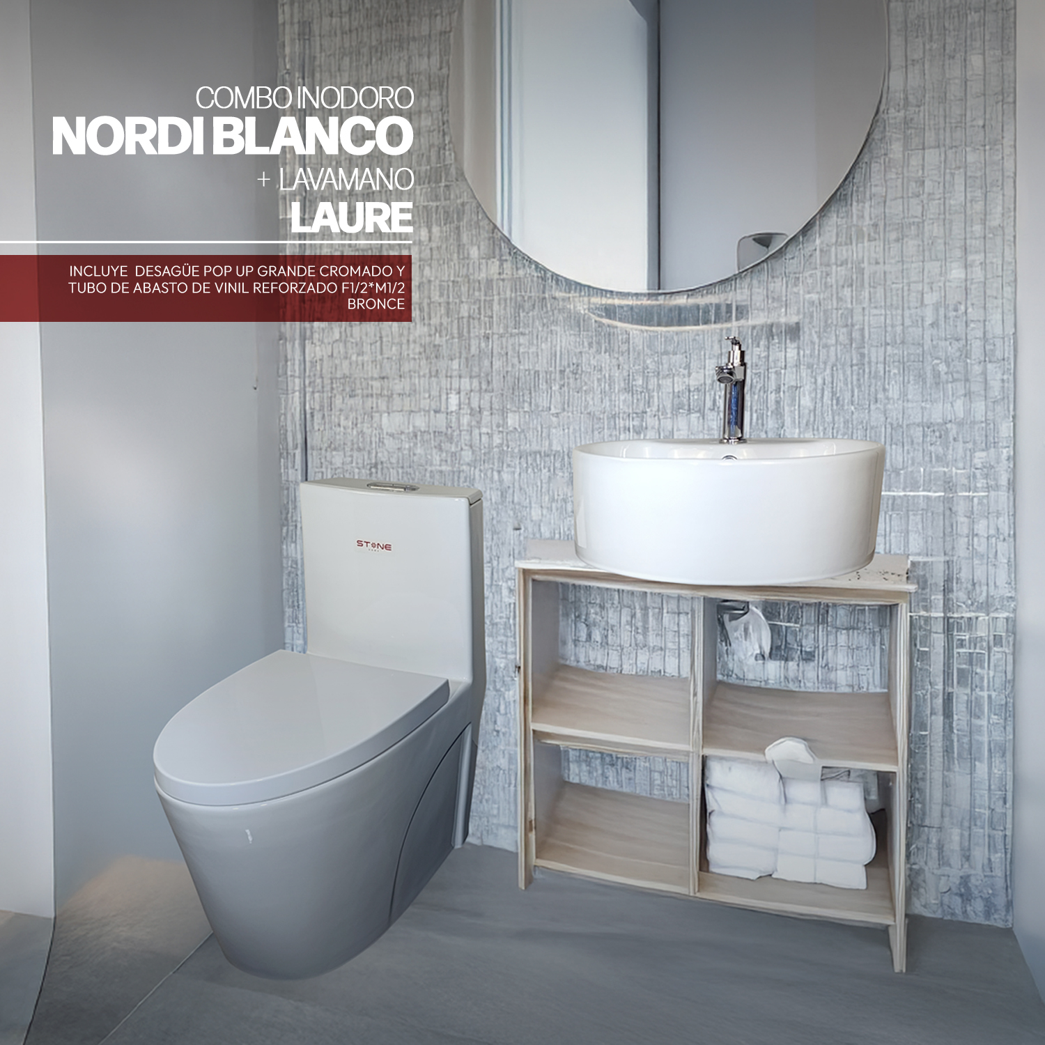 COMBO NORDI BLANCO + LAVAMANO LAURE + DESAGUE POP UP GRANDE CROMADO S/REBOSE P/BOWL CUERPO 10CM COLA 18 CM + *INCLUYE TUBO DE ABASTO DE VINIL REFORZADO F1/2*M1/2 BRONCE STONE*