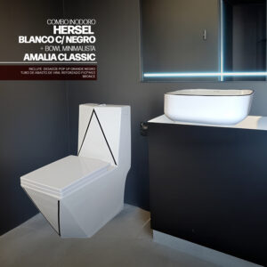 COMBO HERSEL BLANCO C/ NEGRO + BOWL AMALIA CLASSIC  + DESAGUE POP UP GRANDE NEGRO S/REBOSE P/BOWL  CUERPO 10CM COLA 18 CM *INCLUYE TUBO DE ABASTO DE VINIL REFORZADO F1/2*M1/2 BRONCE STONE*