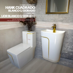 COMBO HANK CUADRADO BLANCO C/ DORADO + LAVATORIO LIOR BLANCO C/DORADO + DESAGUE POP UP GRANDE DORADO S/REBOSE P/BOWL  CUERPO 10CM COLA 18 CM *INCLUYE 2 TUBOS DE ABASTO DE VINIL REFORZADO F1/2*M1/2 BRONCE STONE*