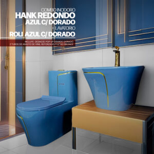 COMBO HANK REDONDO AZUL C/ DORADO + ROLI AZUL C/DORADO + DESAGUE POP UP GRANDE DORADO S/REBOSE P/BOWL  CUERPO 10CM COLA 18 CM *INCLUYE 2 TUBOS DE ABASTO DE VINIL REFORZADO F1/2*M1/2 BRONCE STONE*
