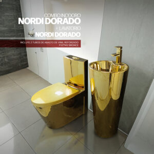 COMBO INODORO NORDI DORADO + LAVAMOS NORDI DORADO *INCLUYE 2 TUBOS DE ABASTO DE VINIL REFORZADO F1/2*M1/2 BRONCE STONE*
