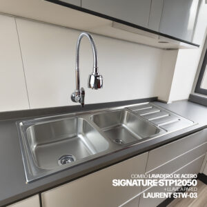 COMBO DE LAVADERO DE ACERO SIGNATURE STP12050 STONE + DESAGÜE DE DOBLE POZA  C/TRAMPA P DE 1.5" PARA LAVADERO + LLAVE A LA PARED LAURENT STW-03 STONE