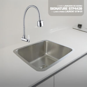 COMBO DE LAVADERO DE ACERO SIGNATURE STP4439 STONE + DESAGUE C/TRAMPA DE I.5" PARA LAVADERO +LLAVE A PARED LAURENT STW-01 STONE