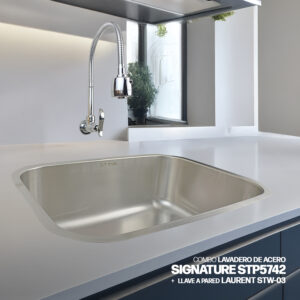COMBO DE LAVADERO DE ACERO SIGNATURE STP5742 STONE + DESAGUE C/TRAMPA DE I.5" PARA LAVADERO +LLAVE A PARED LAURENT STW-03 STONE
