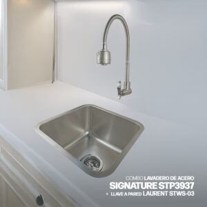 COMBO DE LAVADEROS DE ACERO SIGNATURE STP3937 STONE + DESAGUE C/TRAMPA DE I.5" PARA LAVADERO + LLAVE DE COCINA A LA PARED LAURENT STWS-03 SATINADO STONE