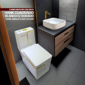 COMBO DE INODORO ONE PIECE MINIMALISTA HANK CUADRADO BLANCO CON DORADO + BOWL MINIMALISTA AMALIA CLASIC GOLDEN +DESAGUE POP UP GRANDE S/REBOSE P/BOWL COLA DORADO 18 CM STONE 