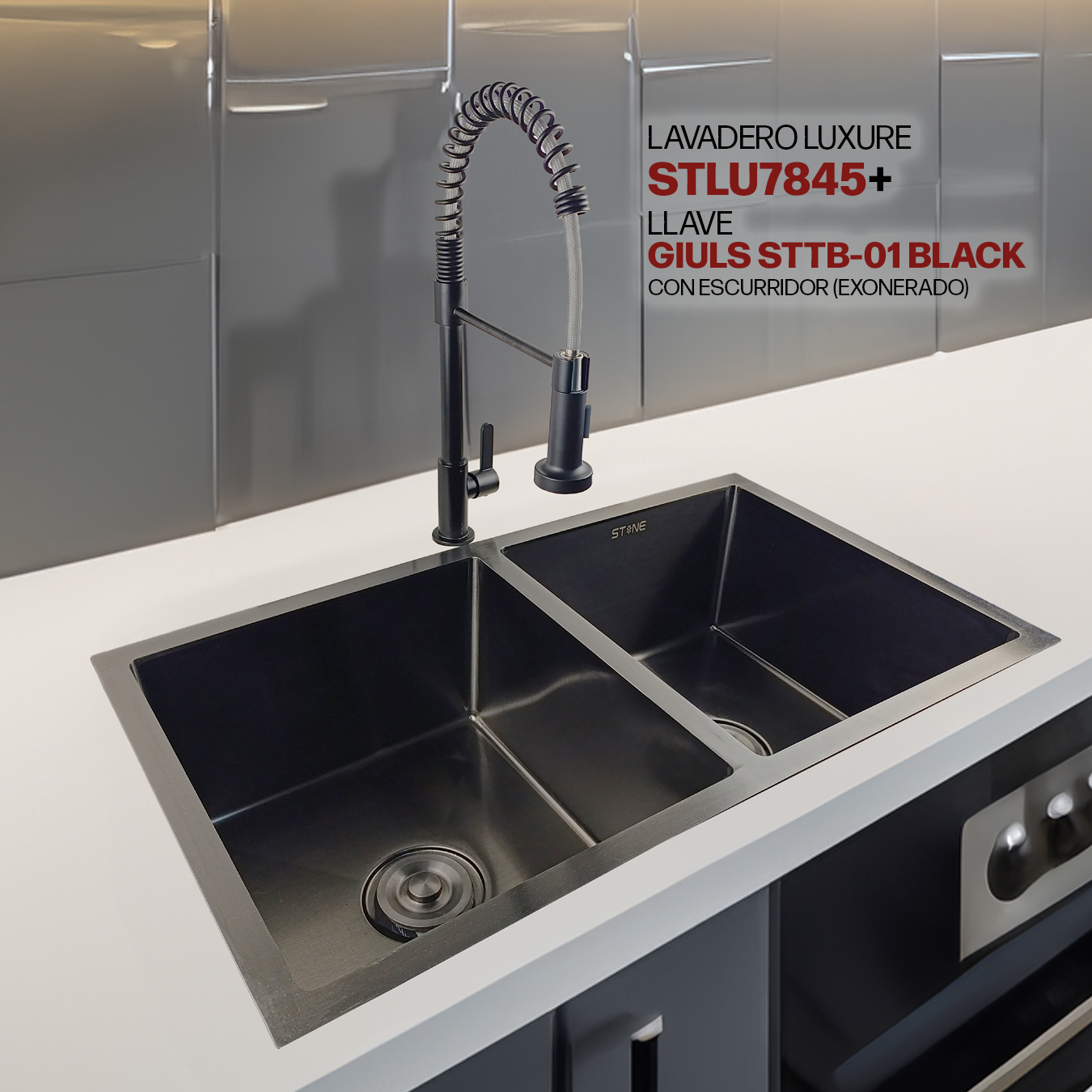 COMBO LAVADERO LUXURE STLU7845+ LLAVE GIULS STTB-01 BLACK CON ESCURRIDOR(EXONERADO)