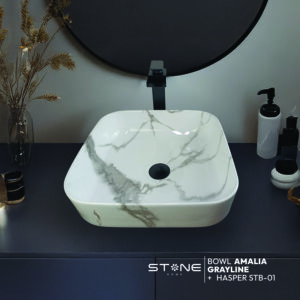 COMBO BOWL AMALIA GRAYLINE + MEZCLADORA HASPER STB-01 + DESAGUE POP UP GRANDE NEGRO S/REBOSE P/BOWL  CUERPO 8 CM COLA 18 CM