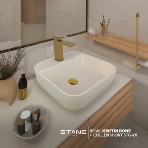 COMBO BOWL KRISTIN BONE + MEZCLADORA P/BOWL AL MUEBLE COLLEN SHORT STG-01 GOLDEN + DESAGÜE POP UP GRANDE DORADO S/REBOSE P/BOWL CUERPO 10CM COLA 18 CM