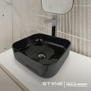 COMBO BOWL AMALIA NEGRO + MEZCLADORA P/BOWL COLLEN ST-01 CROMADO + DESAGUE POP UP GRANDE CROMADO S/REBOSE P/BOWL CUERPO 10CM COLA 18 CM STONE