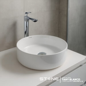 COMBO BOWL TANY BLANCO + MEZCLADORA CAROLINE ST-01 + DESAGUE POP UP GRANDE CROMADO S/REBOSE P/BOWL CUERPO 10CM COLA 18 CM